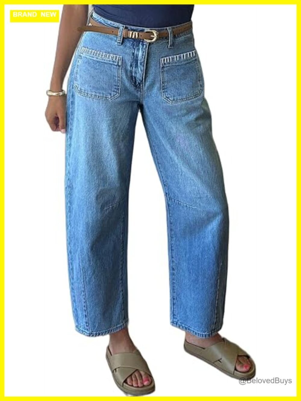Mid Rise Barrel Leg Jeans Washed Pocket Button High Stretch Denim Pants